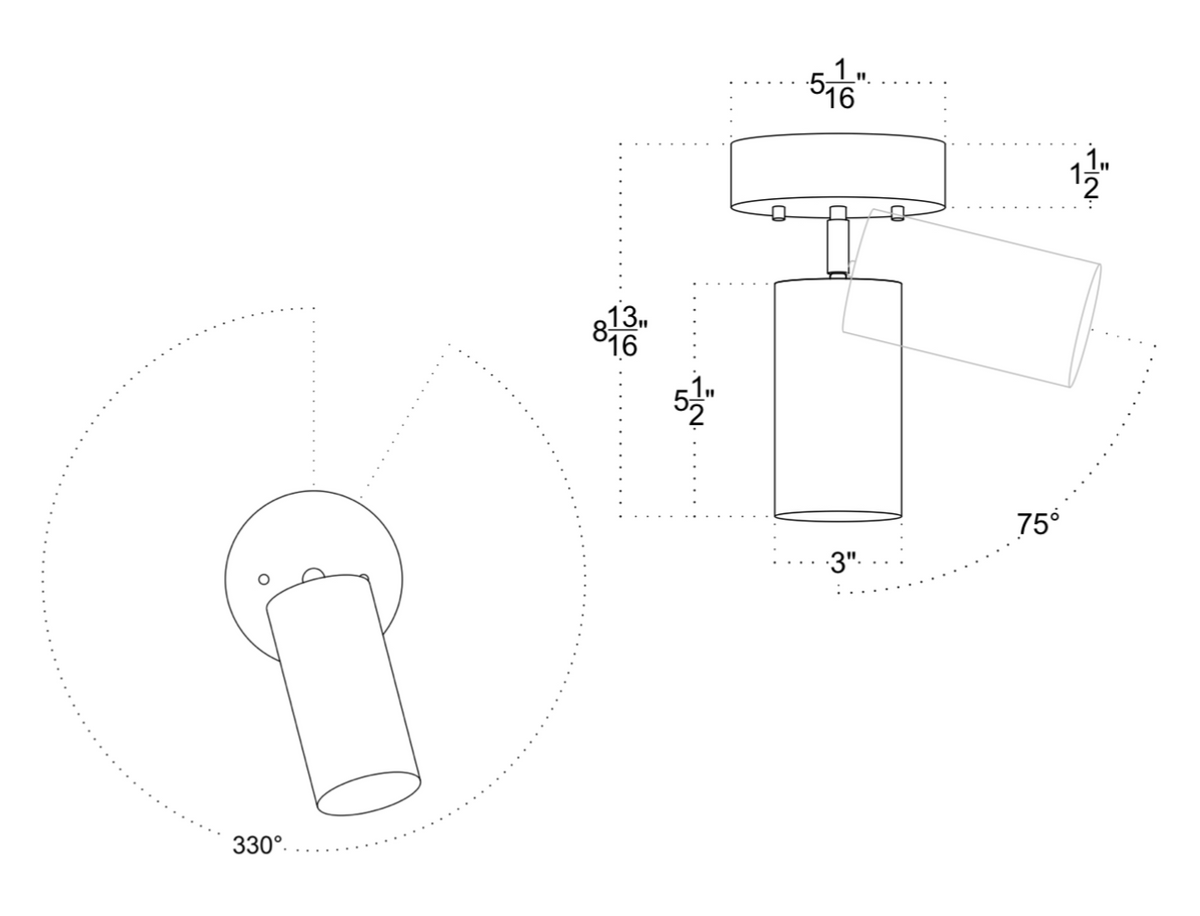 Line drawing of Long Made Co.'s Cove Adjustable Chunky Spot downlight with measurements: 5 1/16" base diameter, 3" cylinder diameter, 8 13/16" total height. The steel light tilts 75° and rotates 330°.