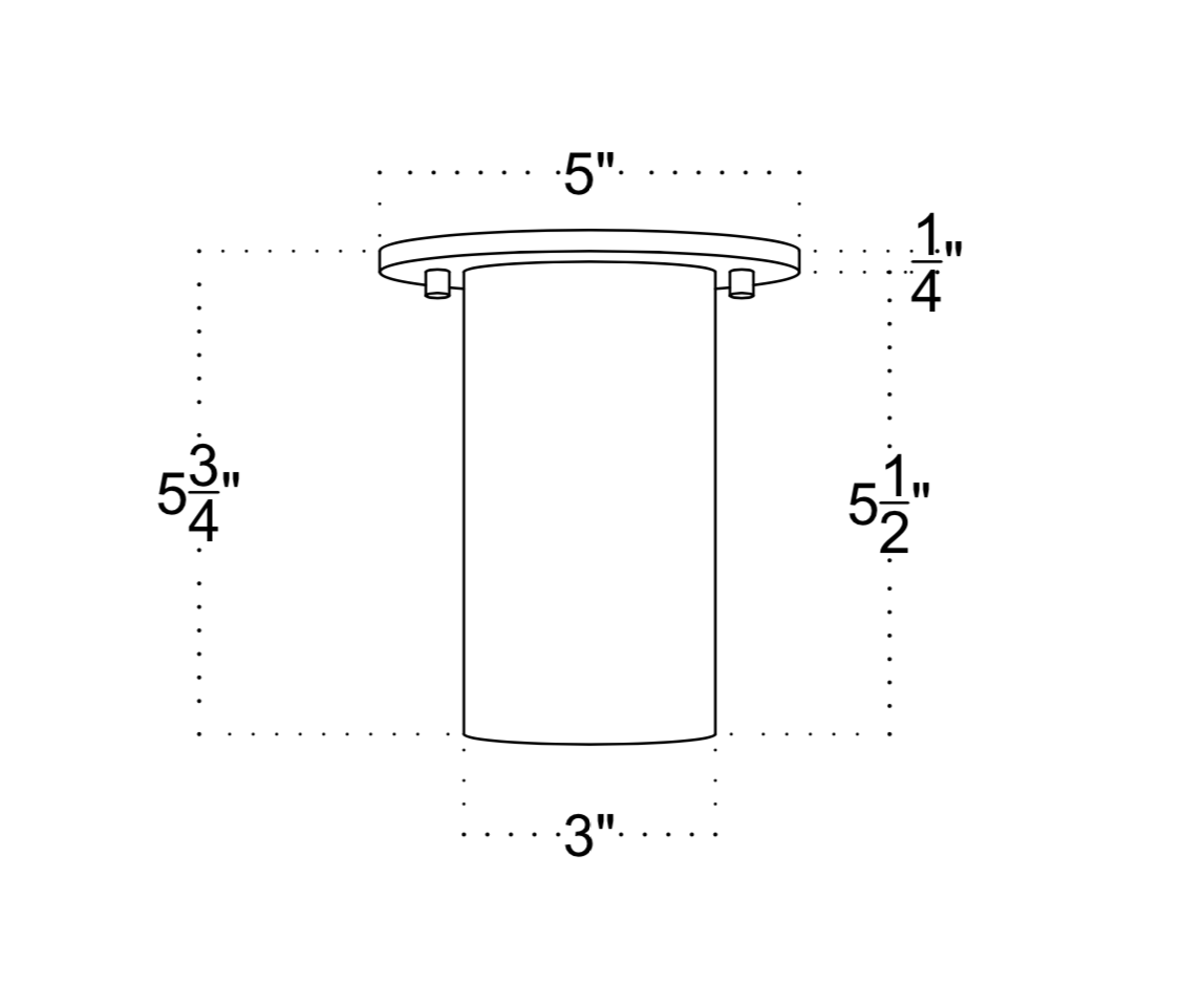 Black and white technical drawing of the Long Made Co. Cove Flush Spot - Oxidized Rust, showing a cylindrical object with a 5-inch round base, 3-inch wide cylinder, and labeled heights: 5 3/4", 5 1/2", and 1/4".