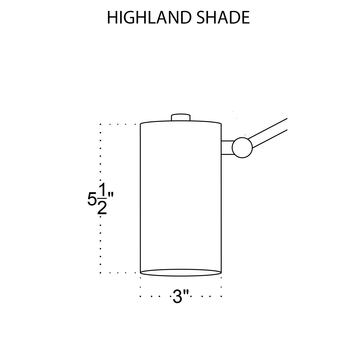 Line drawing of a cylindrical lamp shade labeled HIGHLAND SHADE (5.5" tall, 3" wide) by Long Made Co., shown on a Task Articulating Chandelier arm, ideal for versatile task lighting in custom fixtures.
