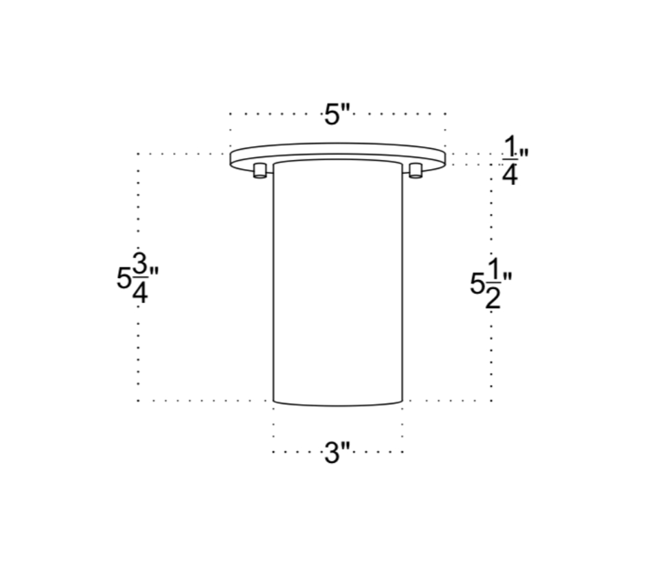 Technical drawing of the Highland Flush Spot by Long Made Co.: cylindrical shape, round base (5" diameter, 1/4" thick), cylinder height 5.5", and cylinder diameter 3"; ideal for solid brass cylinder lights.