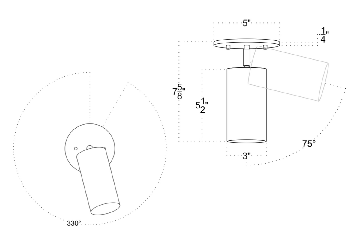 Technical drawing of the Highland Adjustable Spot by Long Made Co.: 5" circular base, 3" wide cylinder, 5½" tall with adjustable tilt up to 75° and 330° rotation—showcasing a minimalist brass spotlight design.