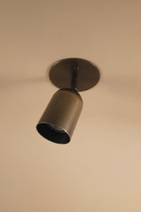 The Campana Adjustable Spot by Long Made Co., featuring a brushed metal finish, is ceiling-mounted on a round base and angled downward against a beige ceiling.