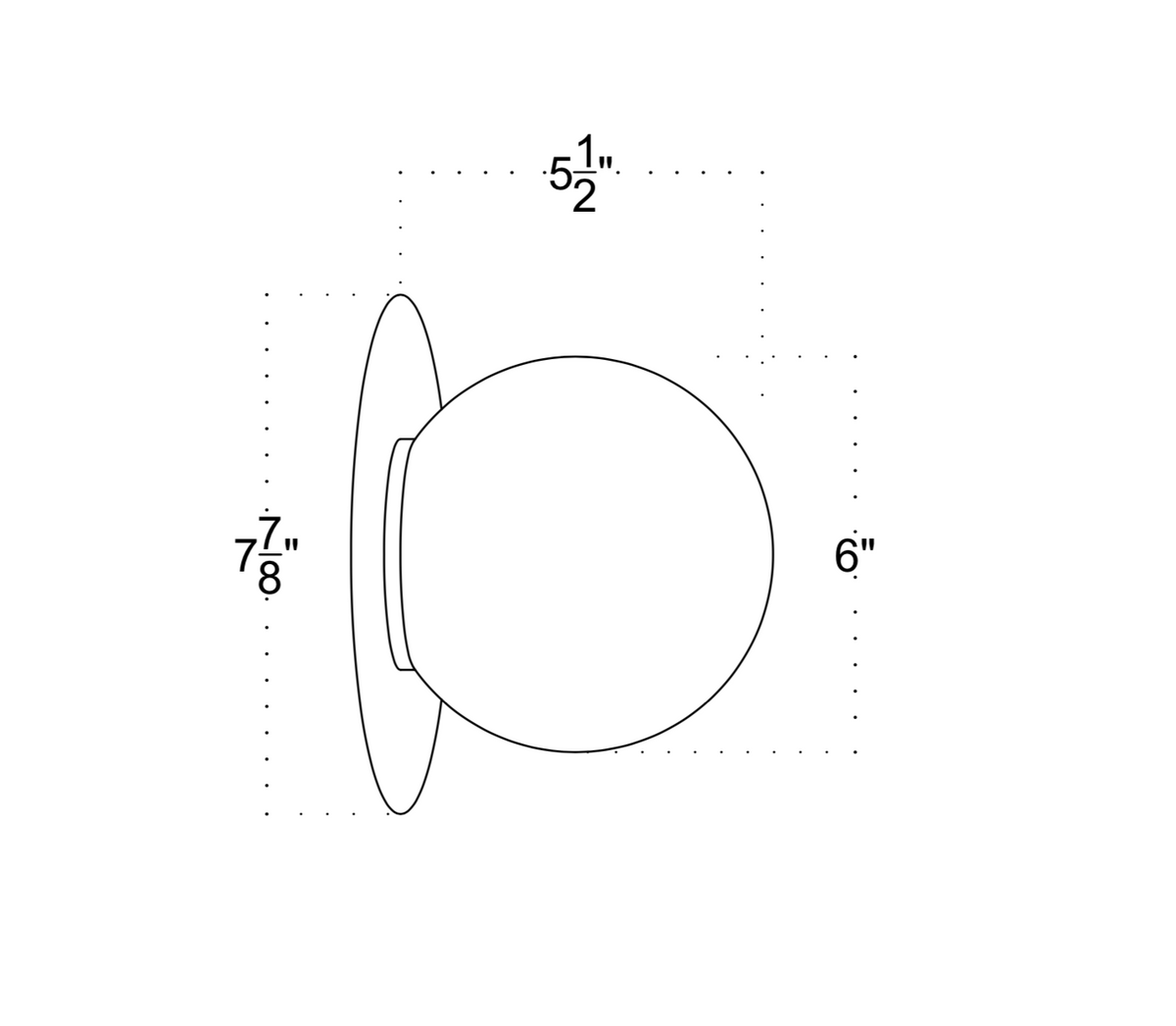 Line drawing of the Sphere Flush wall sconce by Long Made Co. with base plate, showing dimensions: 6" diameter, 5.5" deep, and 7.875" high. Dotted lines mark measurement points on the opal glass shade.