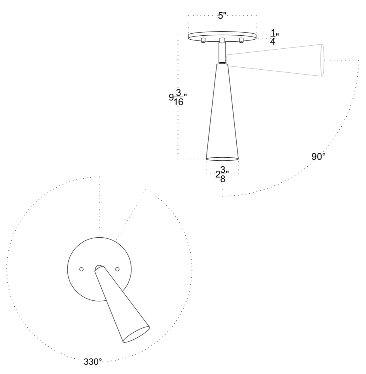 Line drawing of the Pine Adjustable Spot by Long Made Co. Features cone-shaped shade (2 3/8" wide), 5" diameter, 9 3/16" height, and arm extends 1 1/4". Adjusts 90° vertically and 330° horizontally for directional downlighting.