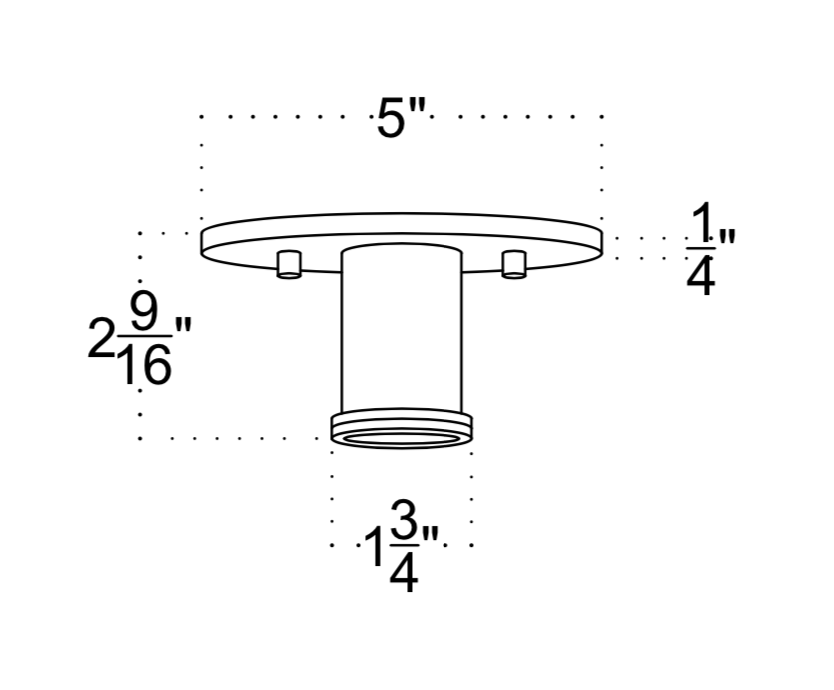 Line drawing of the Long Made Co. Brass Minimal Flush: a handmade brass ceiling or wall sconce with a round base, measuring 5" wide, 2-9/16" tall, 1/4" thick base, and a cylinder diameter of 1-3/4".