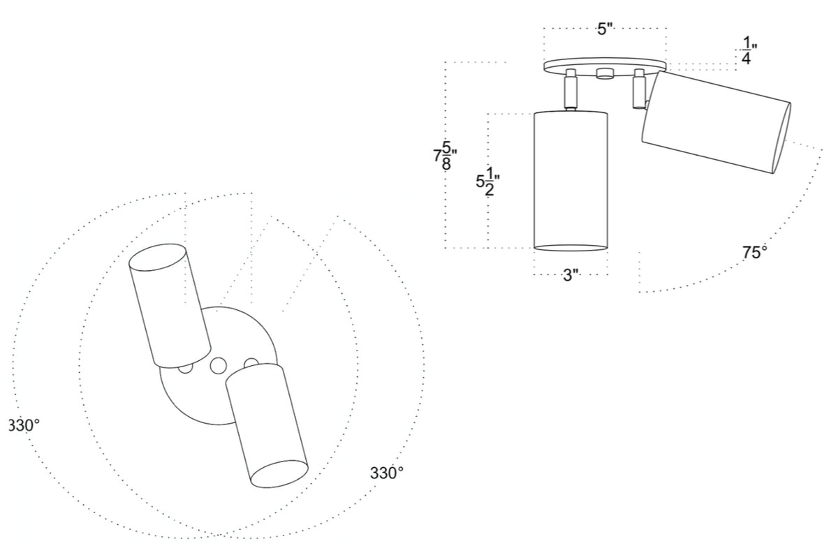 Line drawing diagram of the Long Made Co. Cove Double Spot ceiling fixture with two solid steel adjustable spotlights. Top and side views show 330° rotation, 75° tilt, and dimensions in inches for this directional downlight.