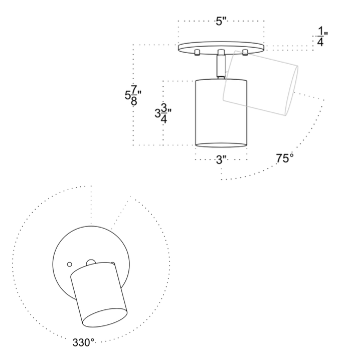 Line drawing of the Long Made Co. Highland Adjustable Spot - Stocky shows a 5" wide base, 3" diameter shade, 5 7/8" height, and adjustable downlight: 75° vertical tilt, 330° rotation.