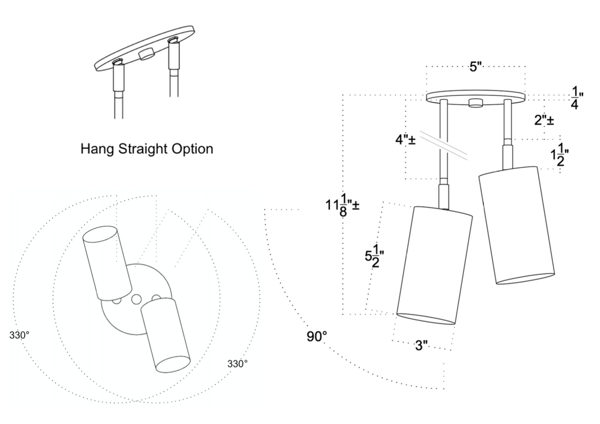 Technical drawing of the Highland Double Drop Spot ceiling fixture by Long Made Co., with labeled inch measurements, top and angled side views for installation. Includes text: Hang Straight Option.