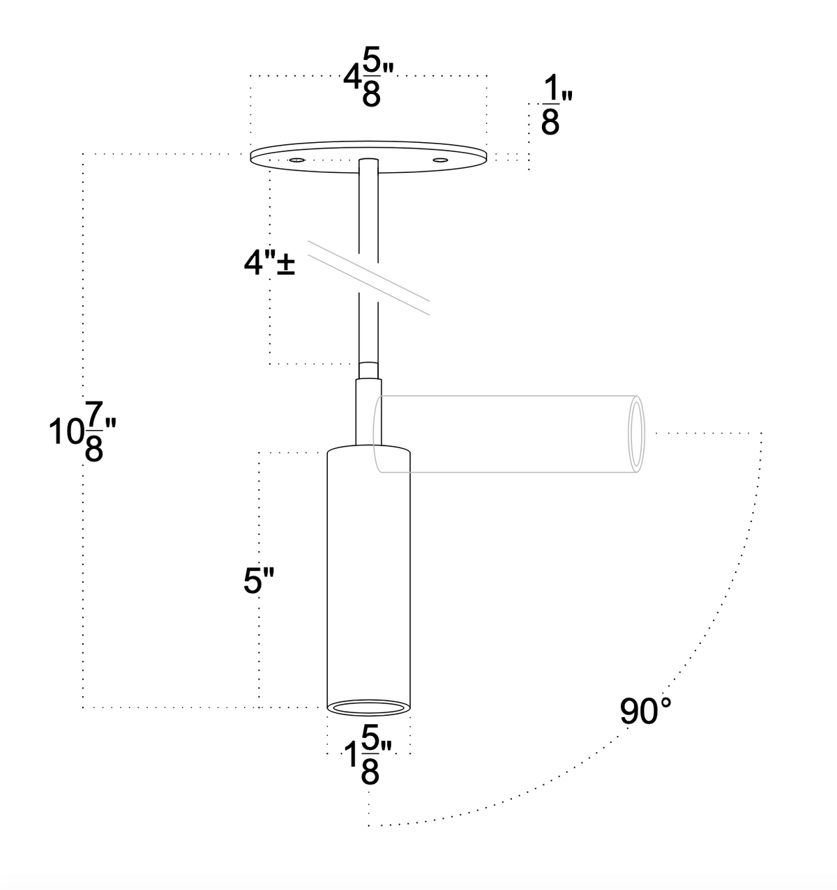 Technical line drawing of Long Made Co.'s Micro Drop Spot - w/ Long Shade, a brass ceiling-mounted fixture with labeled dimensions: base 4⅝" diam., stem 4", fixture 5", base height 1⅛", total height 10⅞", and 90° rotation.