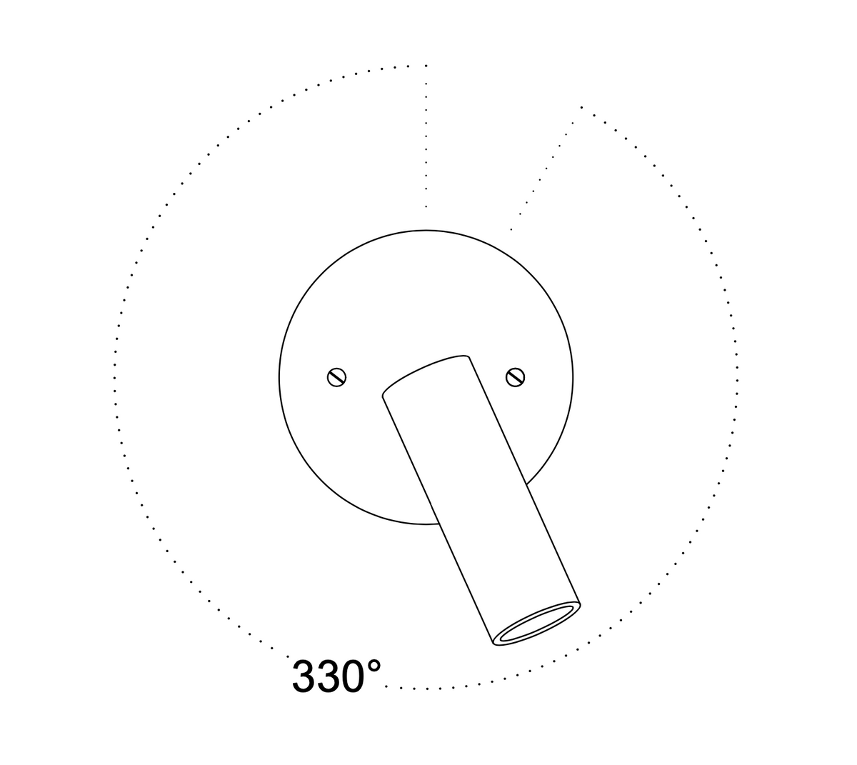 A control knob points to 330° on a circular dial, with dotted lines marking the boundary and angle—ideal for adjusting the Long Made Co. Micro Drop Spot - w/ Long Shade or fine-tuning minimalist lighting settings.