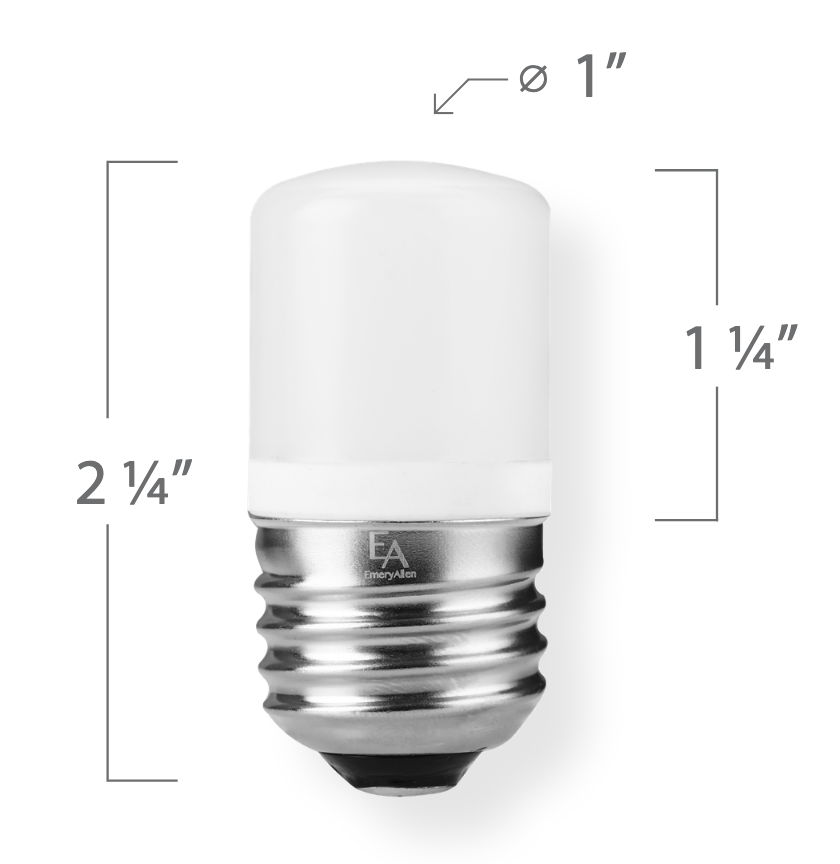 The Long Made Co. Bulb - EmeryAllen E26 OMNI Spread LED features a white frosted top, metallic screw base, dim-to-warm lighting, and compact size: 2.25" tall, 1.25" wide, with a 1" diameter top for customizable efficiency.