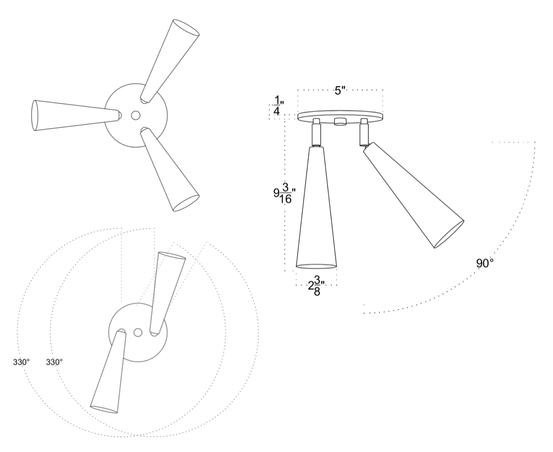 Line drawing technical diagram of the Long Made Co. Pine Double / Triple Spot, a three-arm solid brass ceiling downlight handmade in Texas, with dimensions, side and top views, dotted measurement lines and adjustable spot head rotation angles.