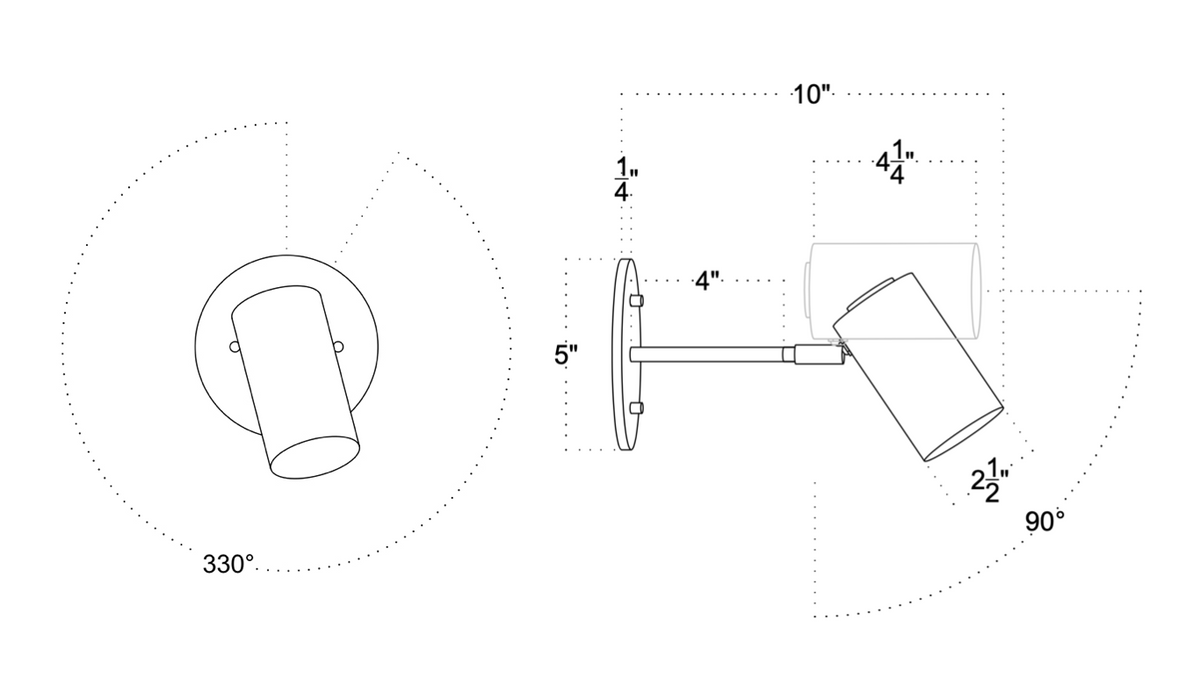 Technical drawing of the Long Made Co. Brass Cylinder Extension Wall Lamp, wall-mounted with 330° horizontal and 90° vertical rotation; dimensions: 10" long, 5" tall; spotlight measures 4" x 2.25".