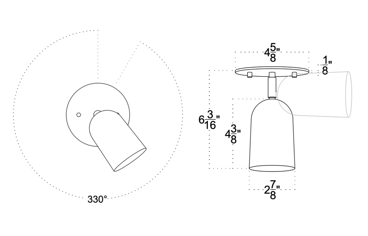 Black-and-white technical drawing of the Campana Adjustable Spot by Long Made Co., a solid brass, ceiling-mounted spotlight that rotates 330° and measures about 6 3/16” tall by 2 7/8” in diameter.