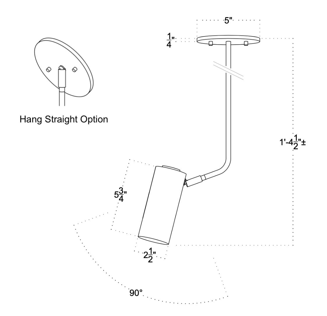 Line drawing of the Brass Cylinder Bent Arm Drop Spot w/ Long Shade by Long Made Co.—a ceiling-mounted, adjustable spotlight. Base: 5" wide; Fixture: 14.5" long; head pivots 90°. Hang Straight Option shown; ideal for mid-century modern spaces.