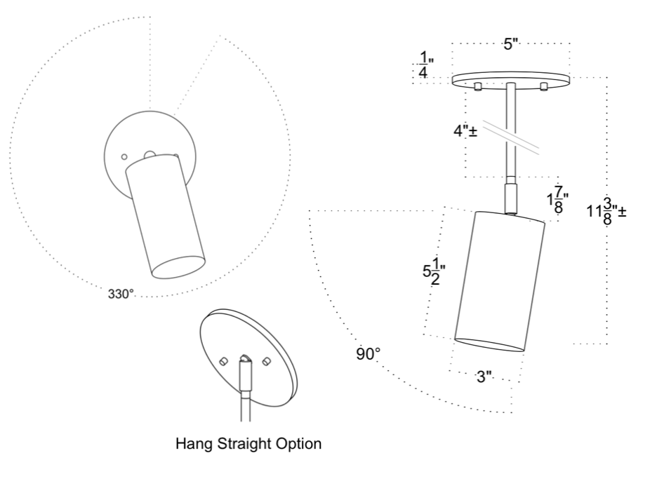 Line drawing of the Highland Drop Spot by Long Made Co.: a cylindrical pendant light, 11 3/8" high x 3" dia., 5" ceiling plate, 4" stem, and 1 1/8" spacing. Features mono point mount, hang-straight (90°), and 330° rotation—ideal for task lighting.