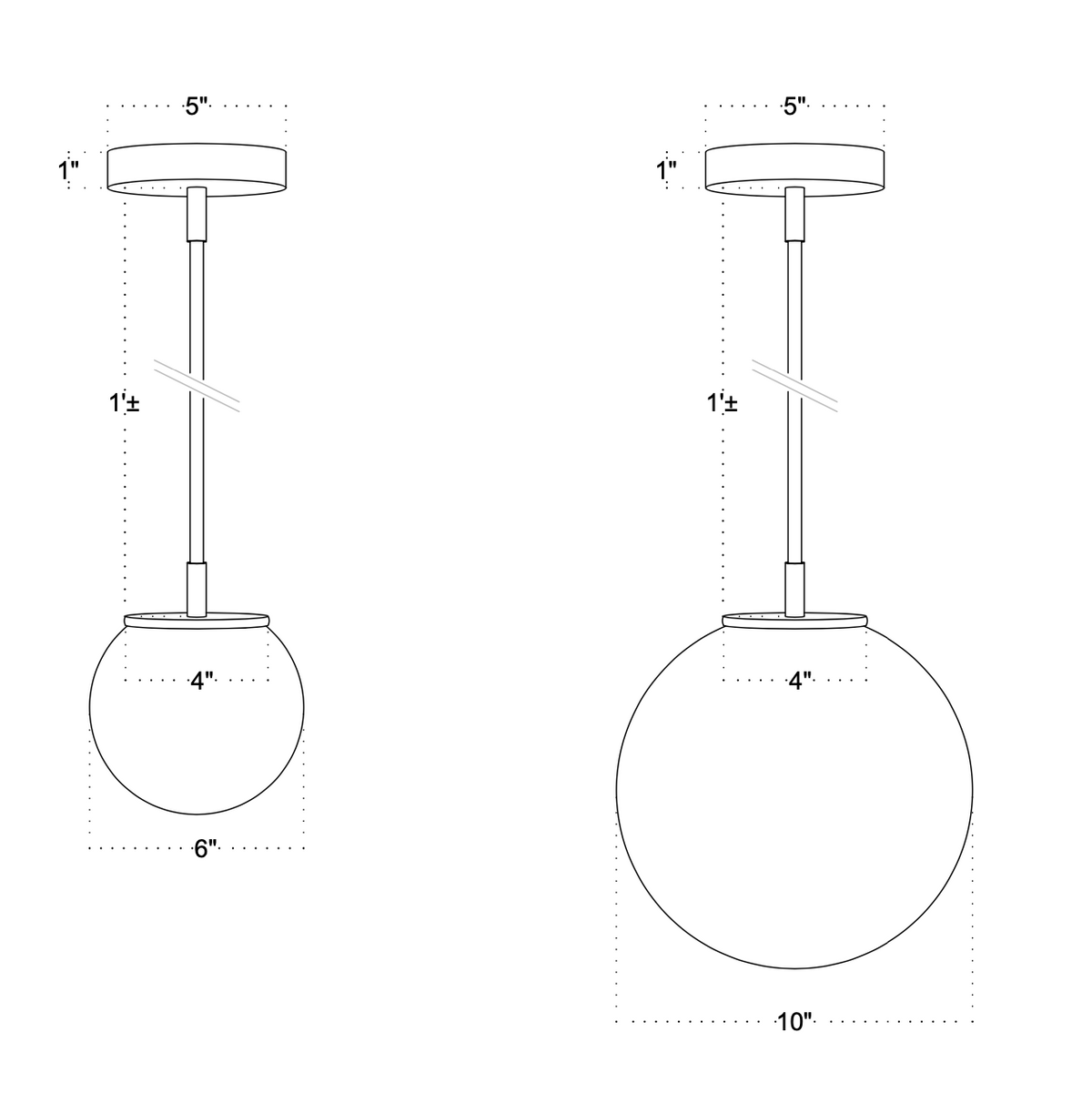Line drawings of two pendant lights with dimensions, featuring opal glass shades. Right: Long Made Co. Sphere Solo Drop - 10” solid brass pendant light with a 10” globe width and 4” globe height.