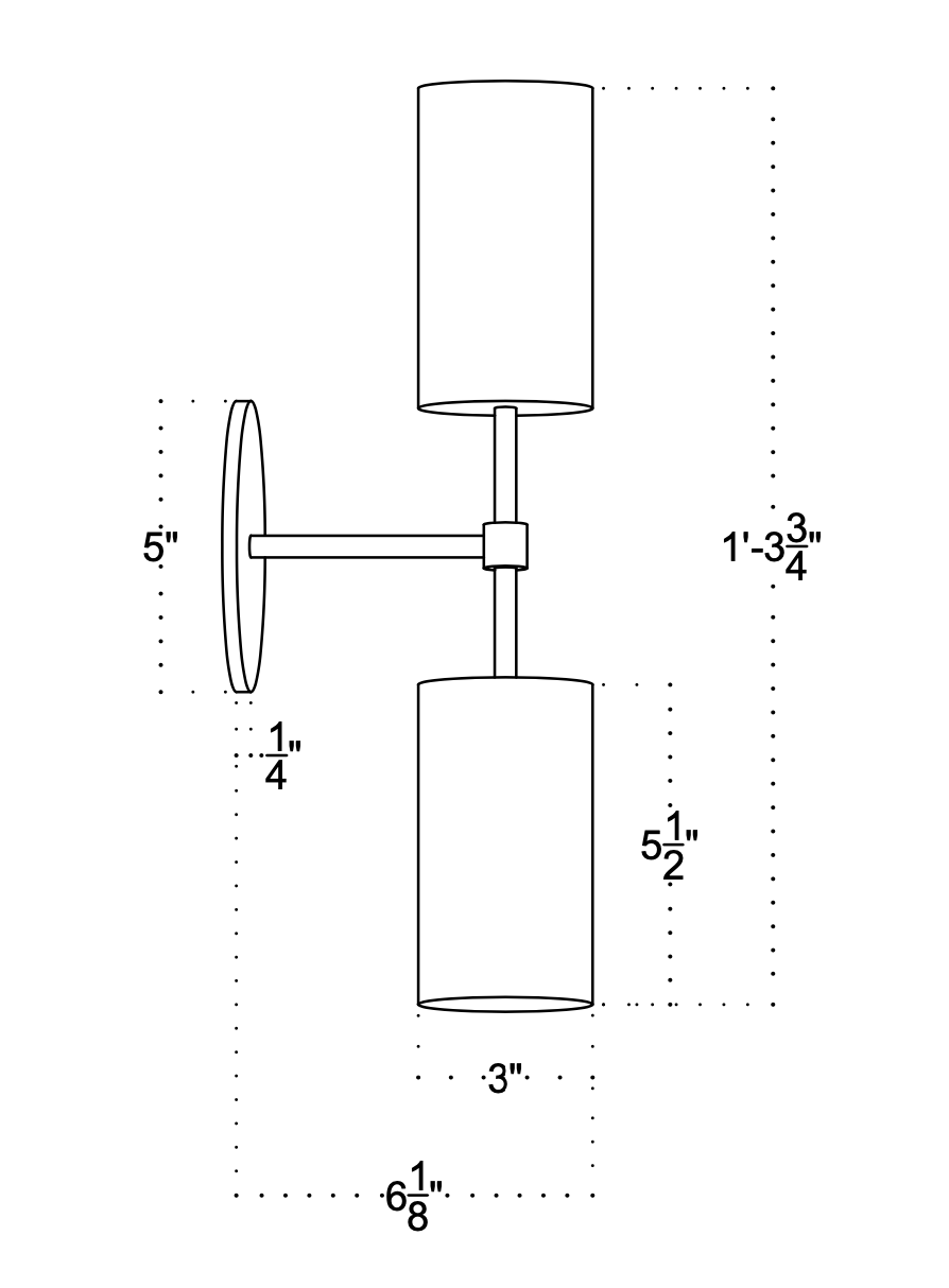 A technical drawing of the Cove Double Arm Sconce by Long Made Co. shows a wall-mounted light with two cylindrical shades, one above and one below the arm, featuring labeled dimensions in inches for height, width, and fixture spacing.