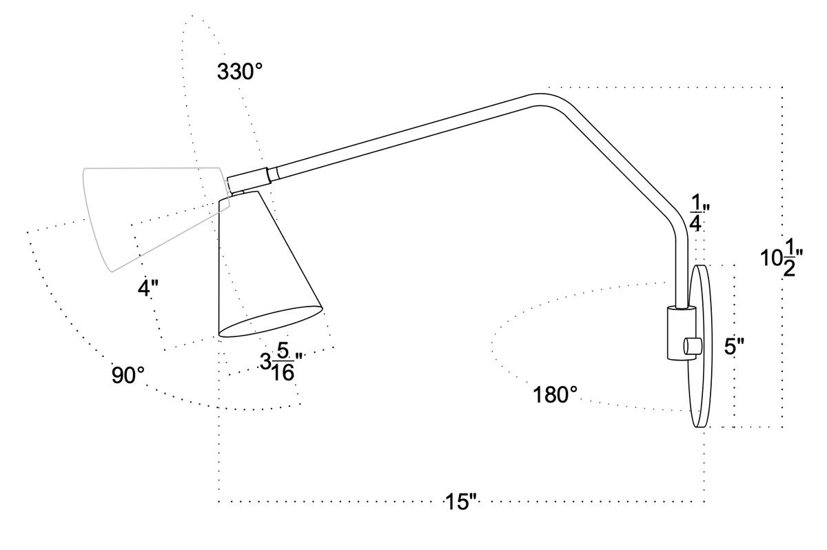 The Tiel Arch Wall Lamp by Long Made Co. features a 15" arm, 10.5" height, 5" wall plate, lamp head that adjusts 90°/330°, and a shade measuring 4" high by 3.16" wide—ideal as a hardwired task lamp for focused lighting.