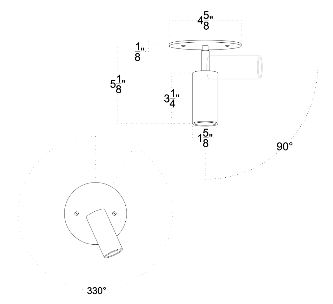 Technical drawing of the Micro Wall Spot by Long Made Co.: ultra flush sconce or ceiling light, G9 LED, 5 1/8" length, 3 1/4" body, 5/8" head, 5" plate, 1 1/8" attachment; rotates 330° and tilts vertically 90°.