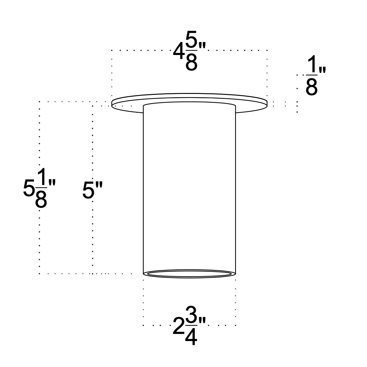 Black and white technical drawing of the Beau Laiton Flush Spot by Long Made Co.: a minimalist cylindrical flush spotlight with a circular flange. Dimensions: 4 5/8" diameter, 2 3/4" width, 5" height, flange thickness 1/8", total height 5 1/8".