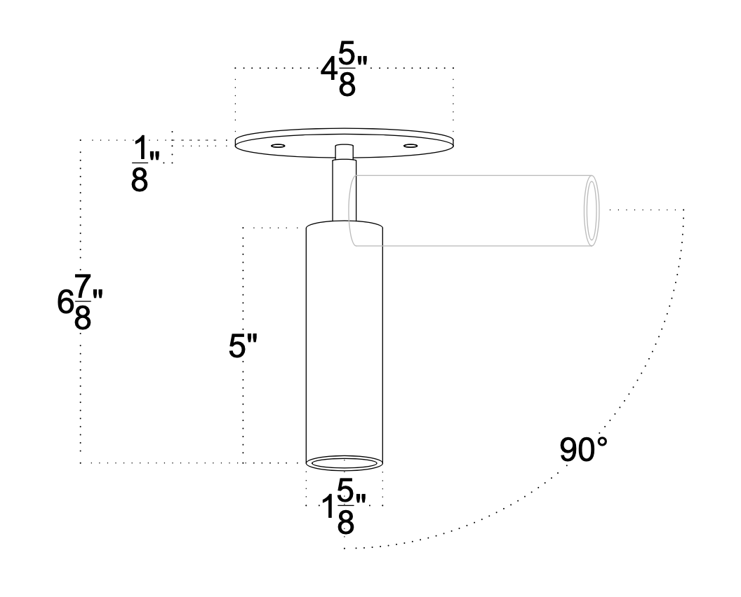 Line drawing of the Long Made Co. Micro Adjustable Spot with Long Shade: cylindrical brass flush mount, 4 5/8" wide base, 5" tall cylinder, total height 6 7/8". Rotates 90°. Base and cylinder diameters are labeled.