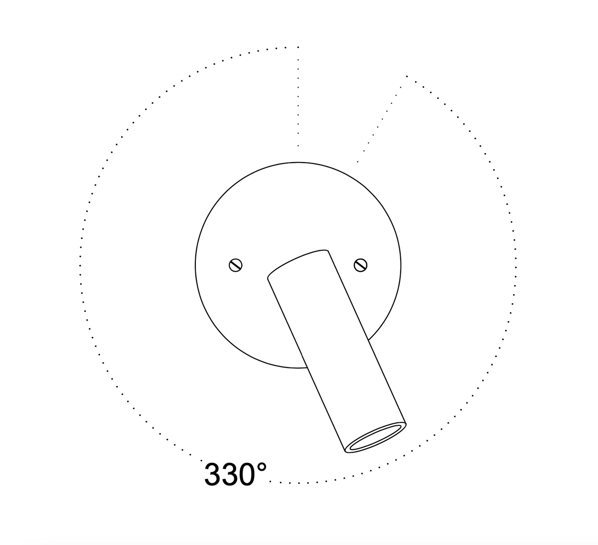 Line drawing of the Long Made Co. Micro Adjustable Spot - w/ Long Shade, featuring a cylindrical form and circular brass flush mount base. Shown rotated at 330°, with a dotted arc illustrating the angle range, labeled at the lower left.