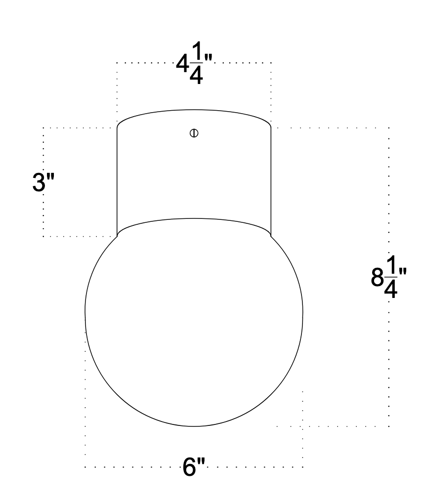 Line drawing of the Beau Laiton Trimless Sphere by Long Made Co.: wall-mounted sconce with a 4.25" width, 3" tall upper section, 8.25" total height, and a round base measuring 6" in diameter.