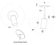 Technical drawing of the Brass Cylinder Drop Spot - Top Mount by Long Made Co. with measurements, angled views, 330° rotation, hang straight option, and labeled dimensions for mounting and directional light positioning.