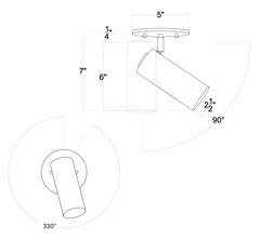 Line drawing of the Brass Cylinder Adjustable Spot - Side Mount w/ Long Shade by Long Made Co., showing dimensions: 5" base diameter, 7" fixture length, 2.1" lamp diameter, and rotation of 90° tilt and 330° swivel.