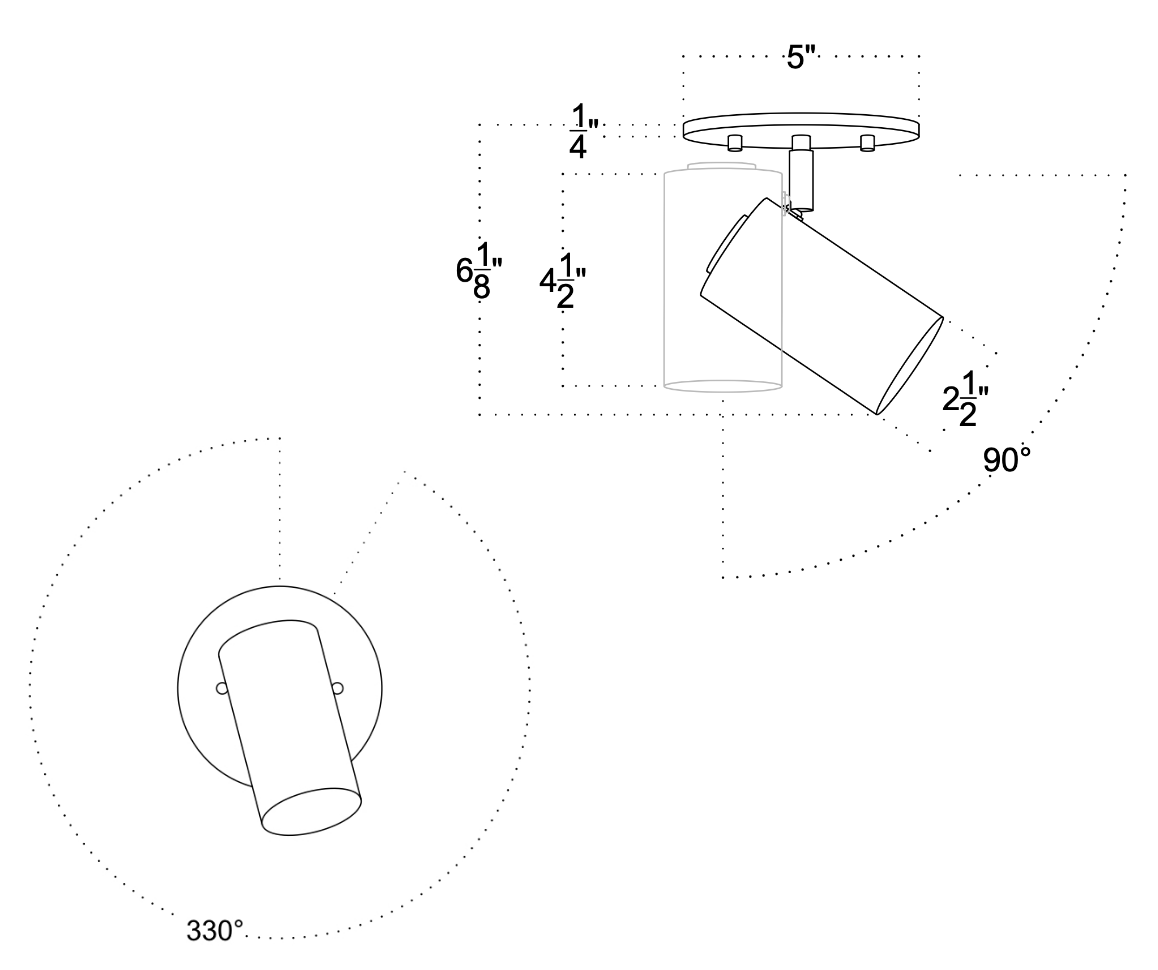 Line drawing of the Long Made Co. Brass Cylinder Adjustable Spot - Side Mount, a mid-century modern brass ceiling downlight with 5" base, 6 1/8" height, adjustable 90° vertically and 330° horizontally; annotated dimensions included.