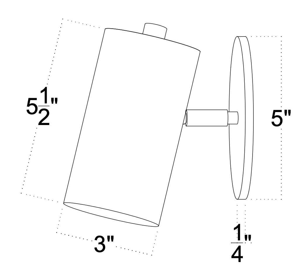 Line drawing of the Long Made Co. Highland Wall Lamp w/ Switch, wall-mounted and angled. Measures 5.5" high x 3" diameter with a 5" x 0.25" mount plate—ideal as a handmade solid brass reading or bedside lamp.
