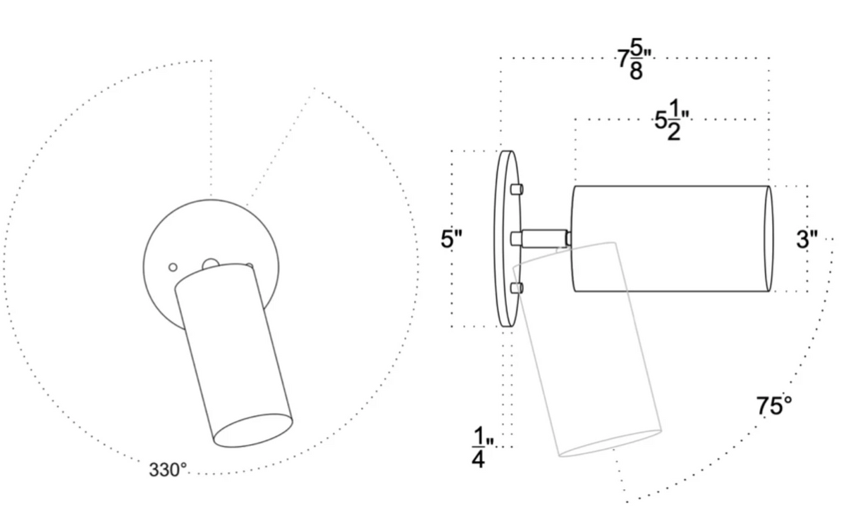 Line drawing of the Cove Wall Lamp by Long Made Co. shows two views: one with the cylindrical fixture angled on a base (330° rotation), and a side view with dimensions and 75° tilt, illustrating its minimalist wall lighting design.
