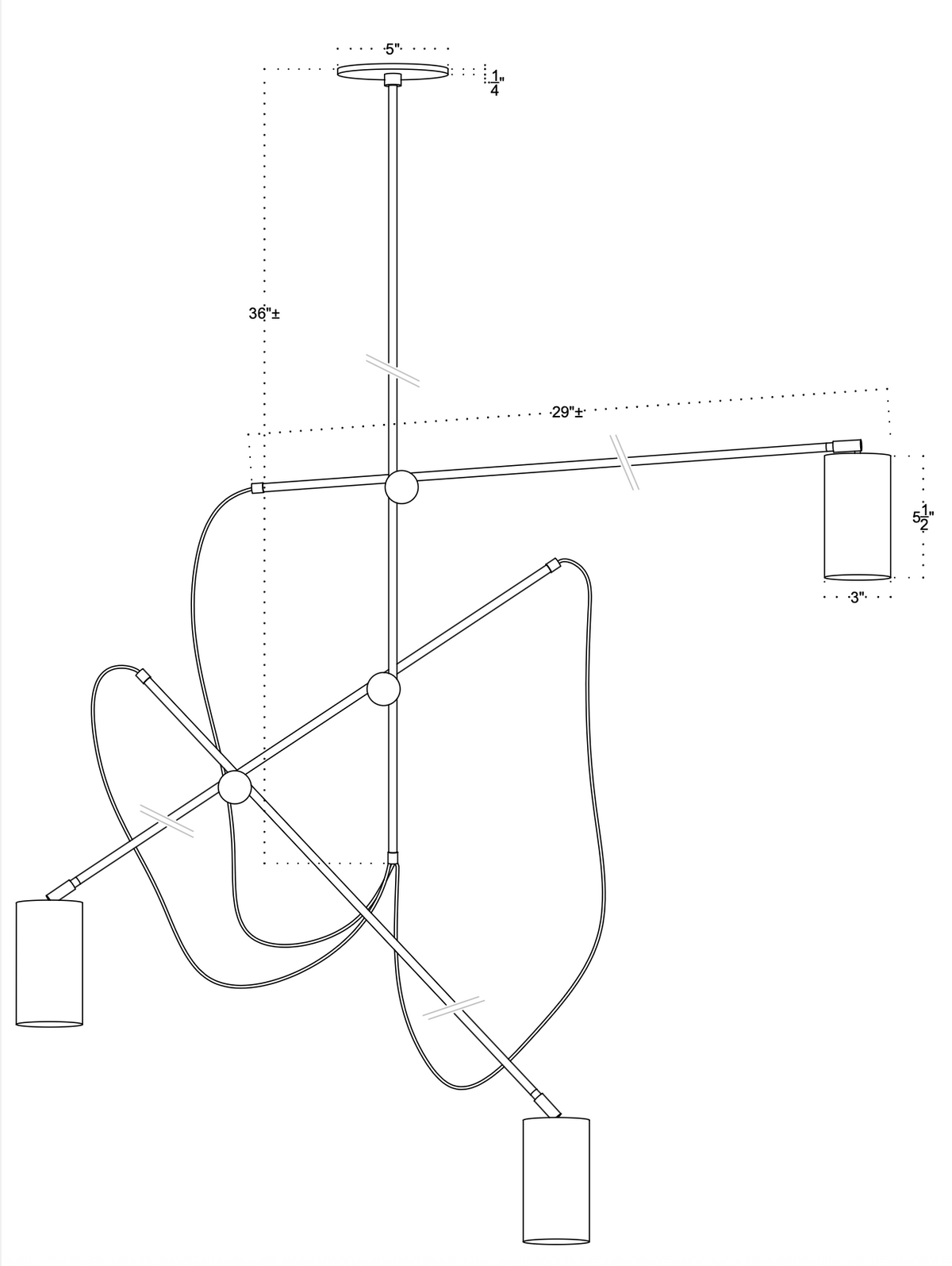 A technical line drawing of the Task Articulating Chandelier by Long Made Co., a modern solid brass ceiling light with three cylindrical shades, labeled measurements for width (29.5), height (36.5), canopies, and curved connecting rods.