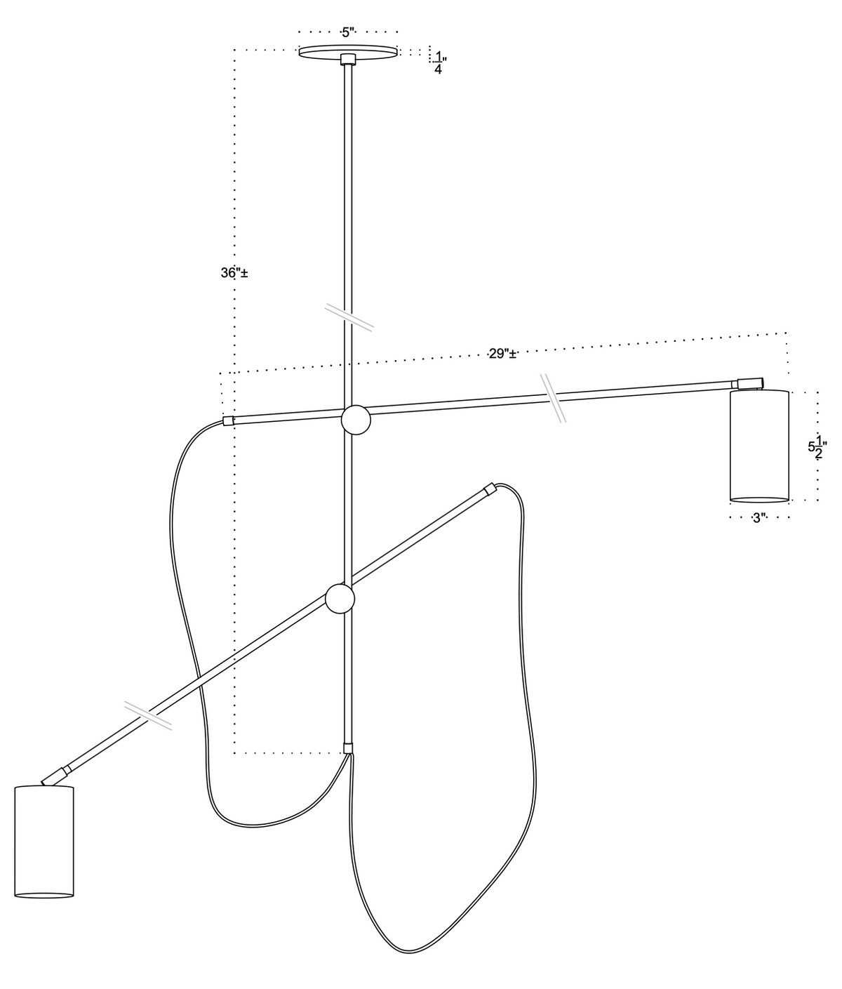Line drawing of the Task Articulating Chandelier by Long Made Co., featuring two cylindrical heads on a horizontal bar, suspended from the ceiling with looping cords and dimensions shown.