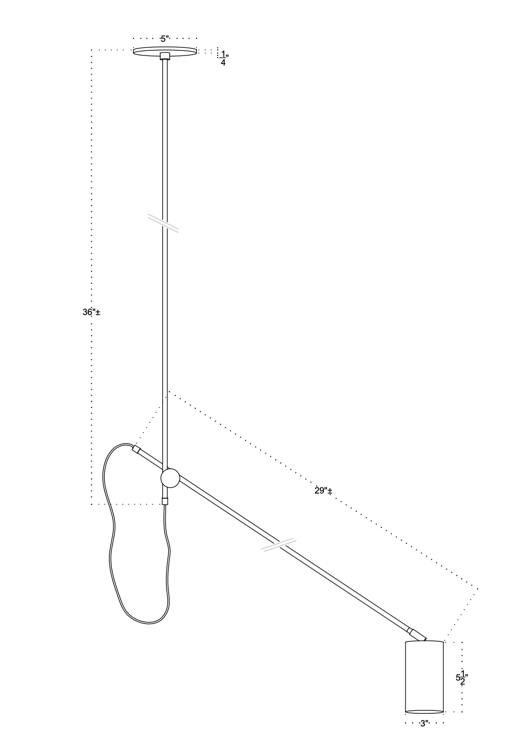 Line drawing of the Task Articulating Chandelier by Long Made Co., hanging 36" from the ceiling, extending 29" horizontally, ending in a 5.5"x3" rectangular block; ceiling mount is 4.5" wide.