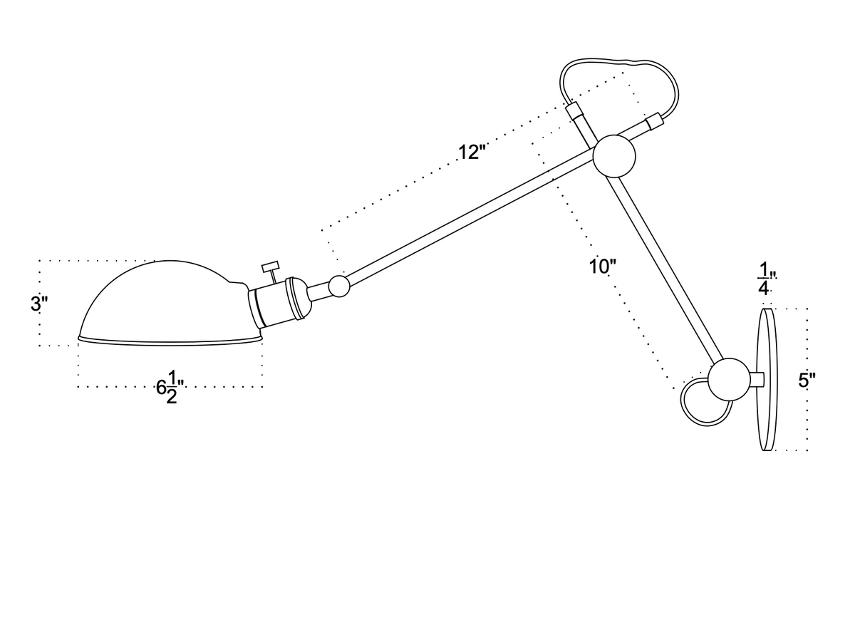 Line drawing of the Task Articulating Wall Lamp by Long Made Co., featuring a handmade design with articulating arm. Shade: 3" high x 6.5" wide; arm segments: 12" and 10"; wall mount: 5" high x 1.25" wide.