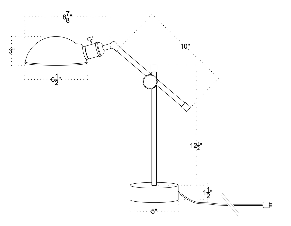 Line drawing of the Long Made Co. Task Articulating Table Lamp showing shade (3" high, 6.5" wide), arm (10" long), base (12.5" high, 5" wide), plug cord (1.5" high), and various measurements marked with dashed lines.
