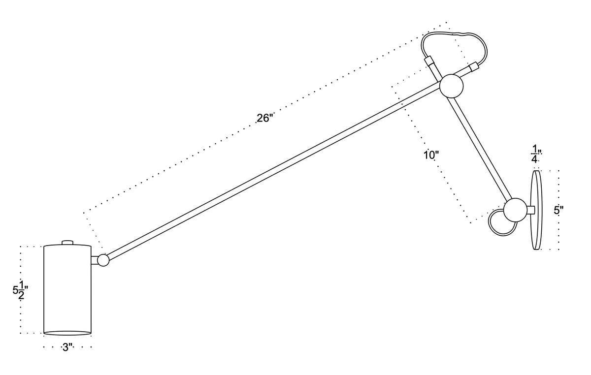 Line drawing of the Task Articulating Wall Lamp XL by Long Made Co. with labeled dimensions: 26" main arm, 10" secondary arm, 5.5" x 3" lamp head, and a circular wall mount (5" diameter, 0.25" thick)—perfect for task lighting.