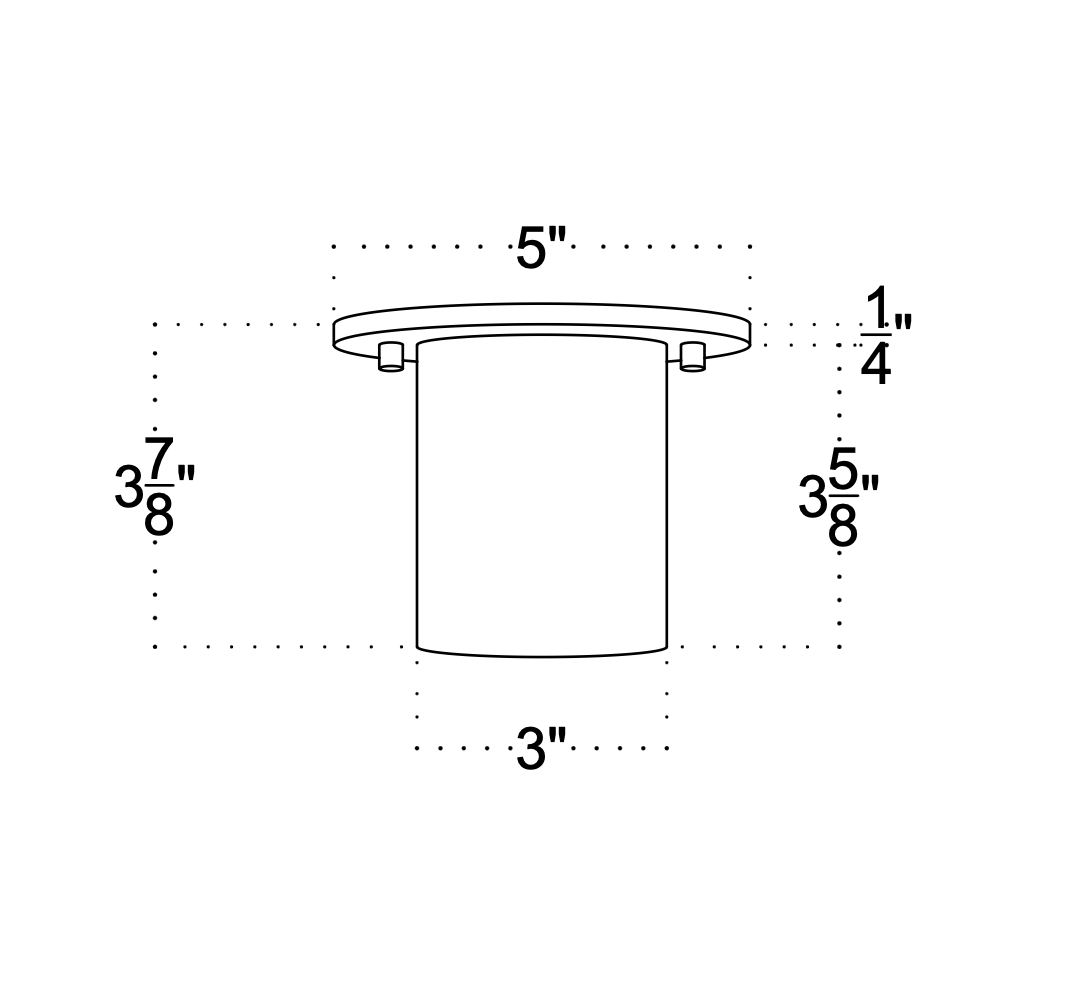 Technical drawing of the Long Made Co. Highland Flush Spot - Stocky: a cylindrical form with a flat 5" diameter top (1/4" height), cylinder 3" wide by 3 7/8" tall, inspired by Highland Series lights and marked with dashed measurement lines.