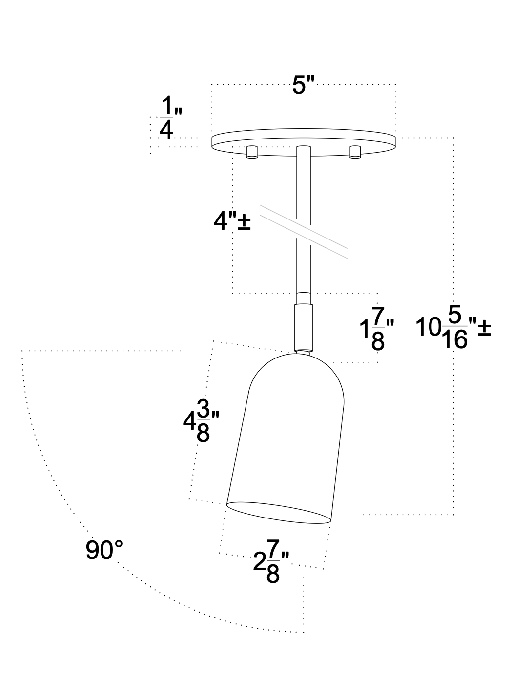 Technical drawing of a pendant light fixture with dimensions labeled