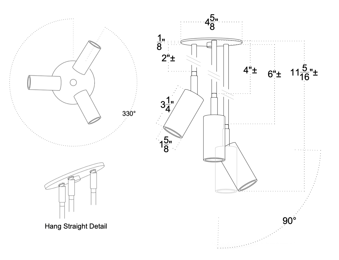 Technical line drawing of the Long Made Co. Micro Cascade Drop Spot ceiling light, featuring three adjustable cylindrical lights, detailed measurements, angle views, and a Hang Straight Detail—an elegant alternative to recessed lighting.