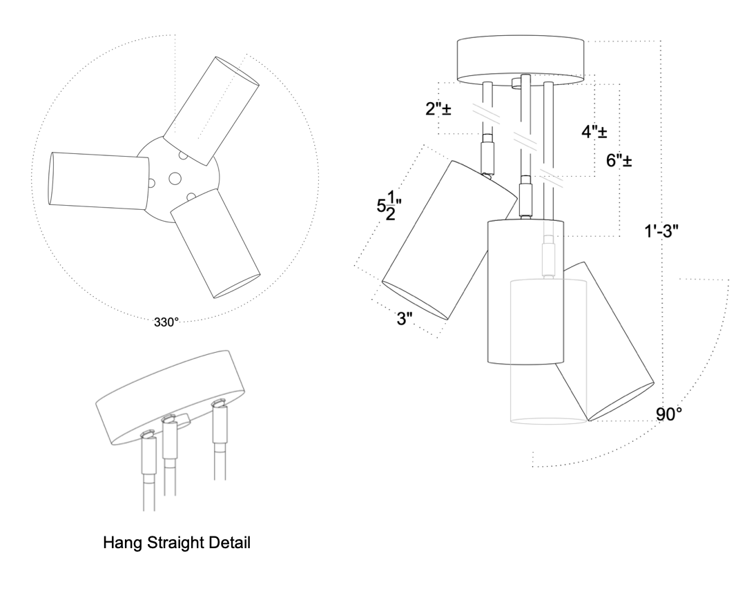Technical line drawing of the Long Made Co. Highland Cascade Drop Spot, a minimalist ceiling light with three brass cylinder spotlights. Features 120° top view, side views with tilt angles, and “Hang Straight Detail” of the mount.