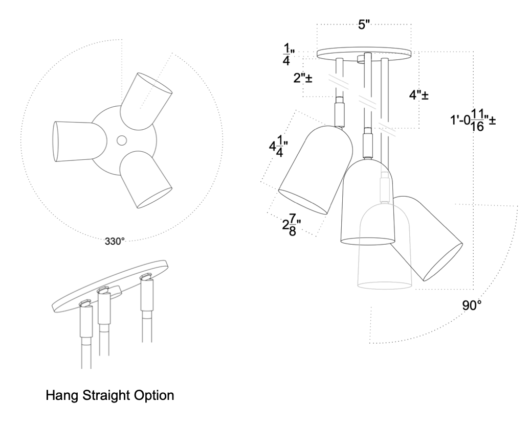 Technical drawing of a hanging light fixture with dimensions and angles.