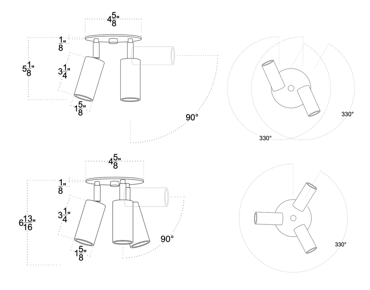 Technical diagram of Long Made Co.'s Micro Adjustable Spot - Double / Triple ceiling fixtures. Displays two configurations with top and side views, showing 90° vertical and 330° horizontal light head rotation angles.