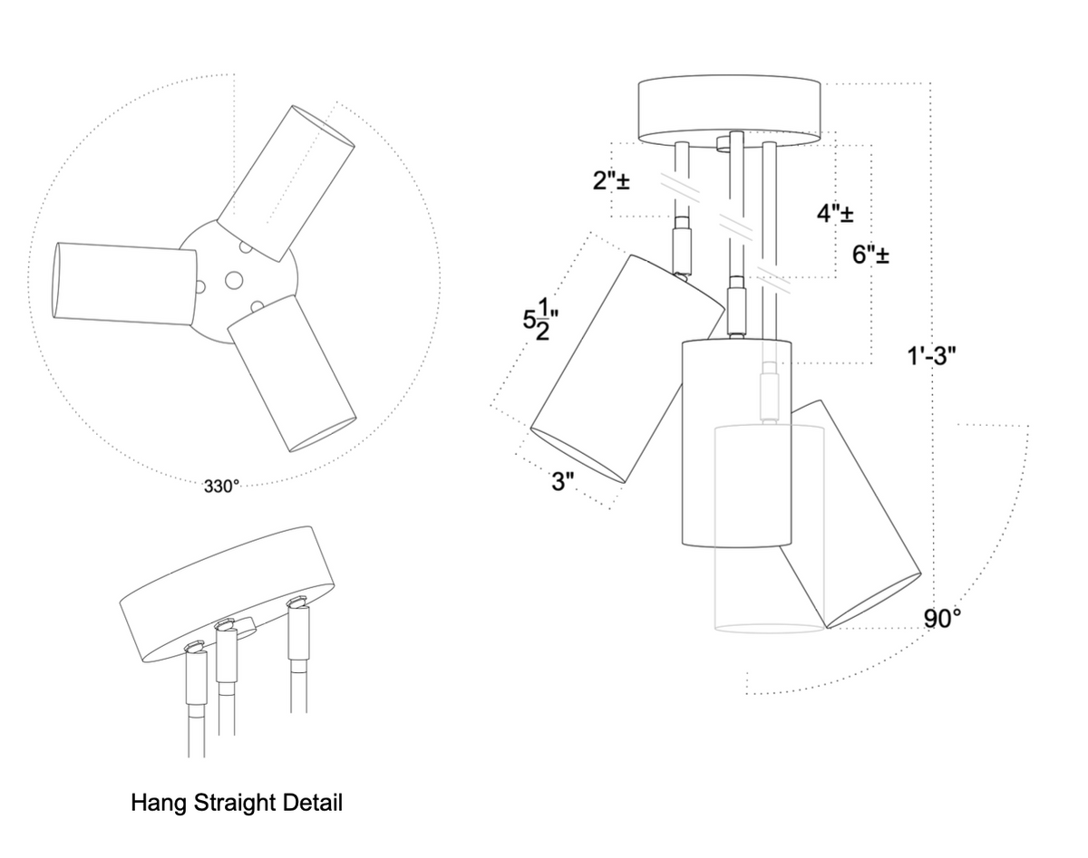 Technical drawing of a hanging light fixture with dimensions and angles.