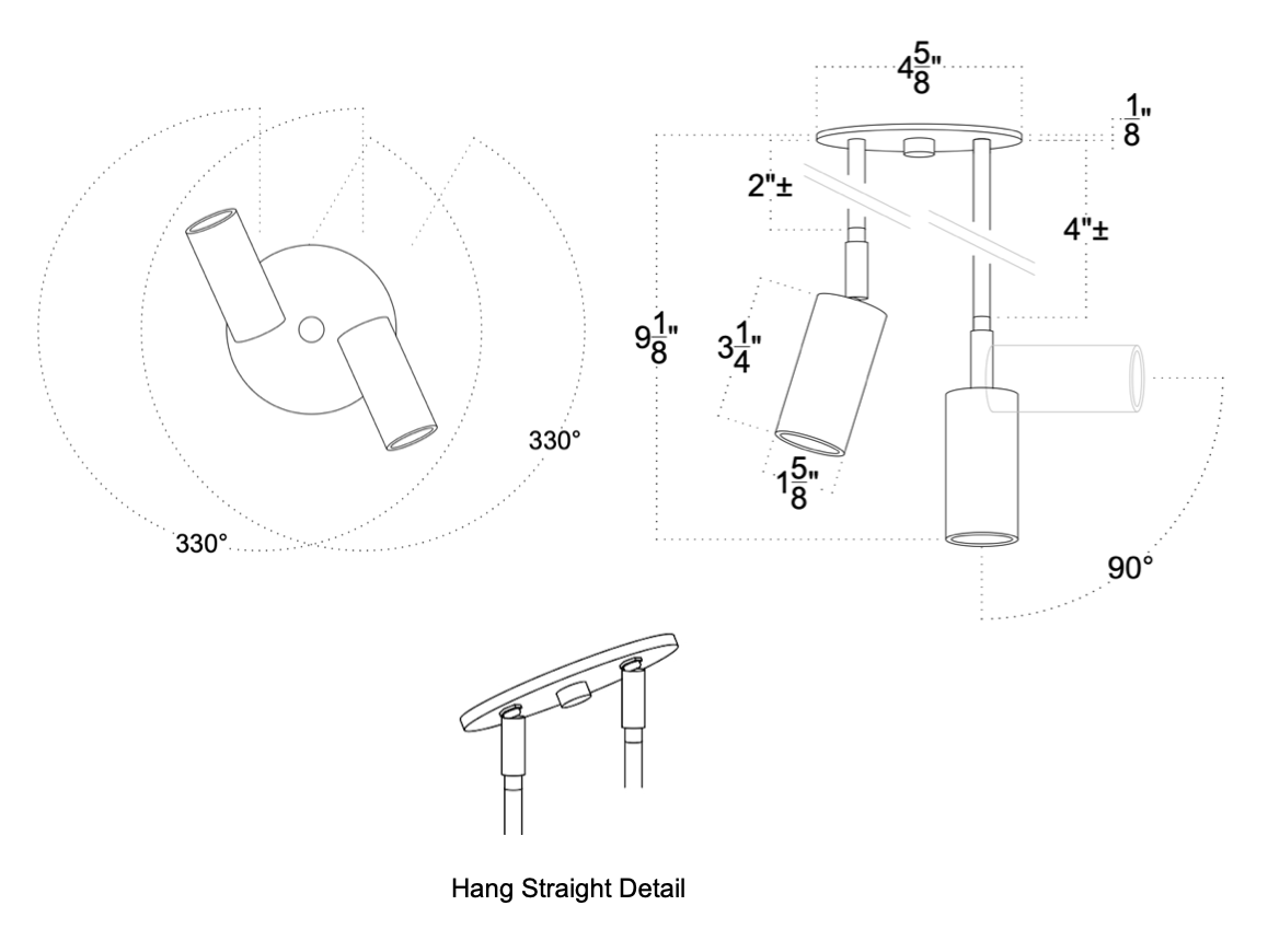 Technical drawing of a hanging fixture with dimensions and angles