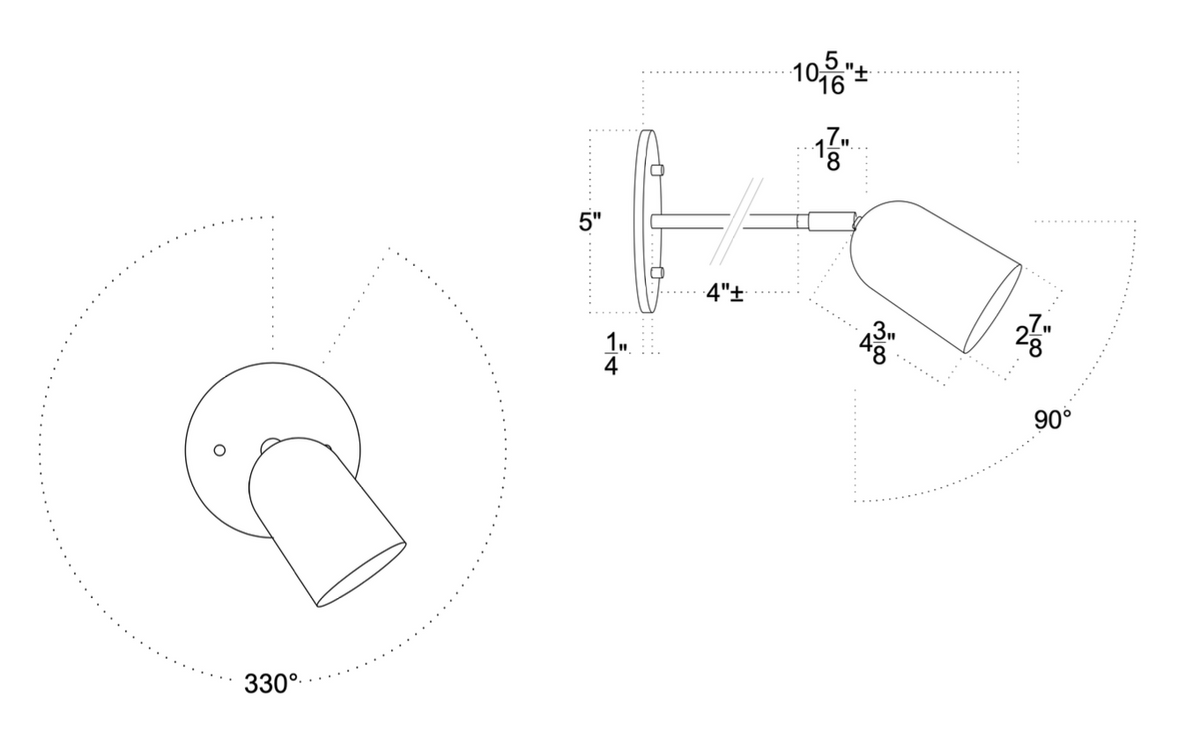 Technical drawing of a wall-mounted light fixture with dimensions