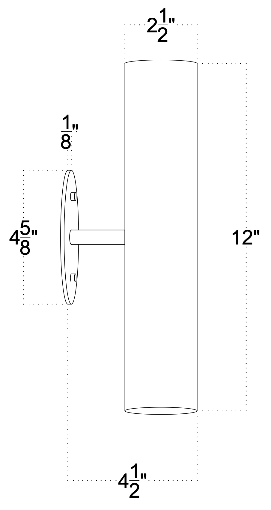 Line drawing of the Long Made Co. Brass Cylinder Up-Down Sconce: 12" tall, 2.5" diameter, base 4.25" high by 4.625" wide, with a 1.875" arm connecting to the wall plate.