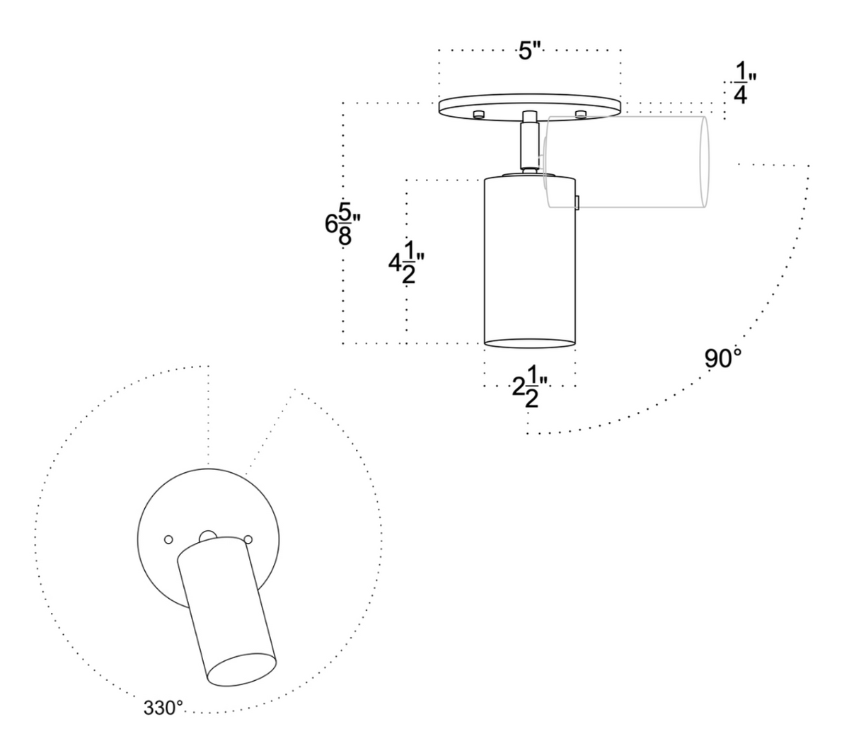 Line drawing of the Brass Cylinder Adjustable Spot - Top Mount by Long Made Co.: a ceiling-mounted cylindrical light (4.5" L x 2.25" W, 5" base) that rotates 90° vertically and 330° horizontally for adjustable illumination.